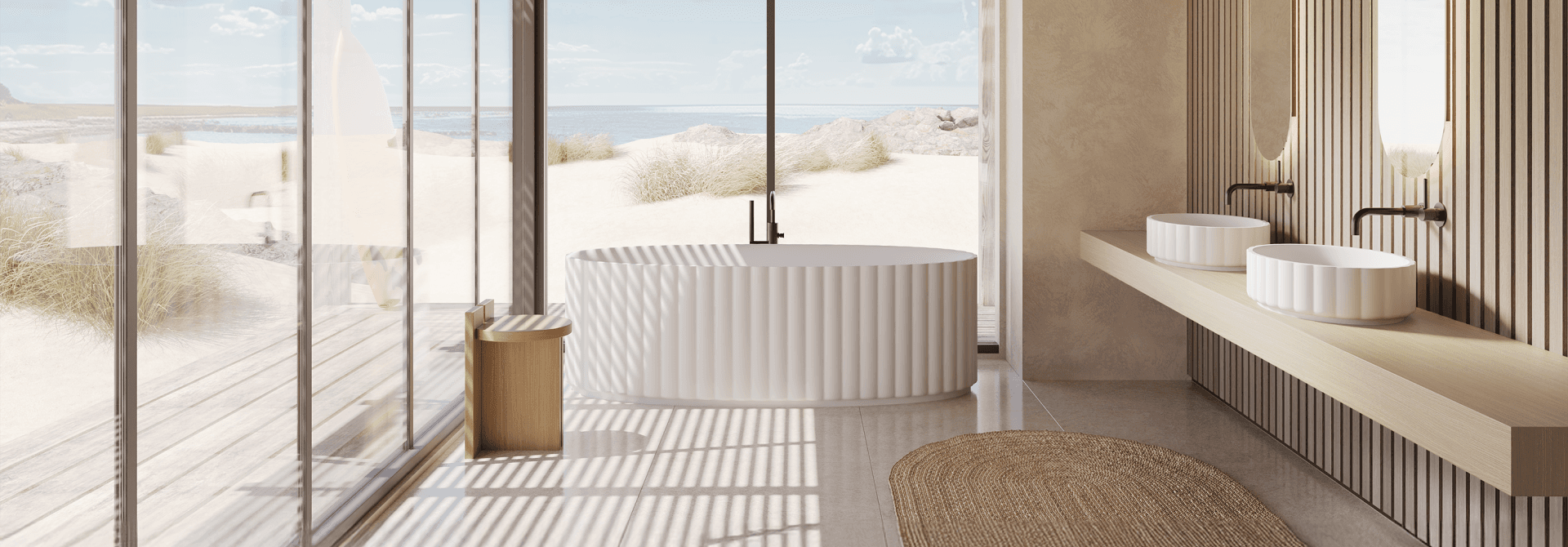 Collection RIHO : baignoire îlot blanche à reliefs et vasques assorties.