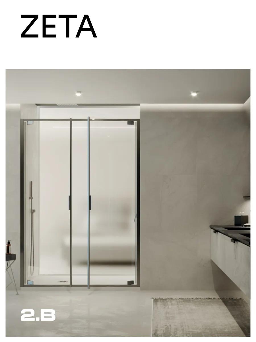 Cabine de douche vitrée avec porte coulissante dans une salle de bain claire